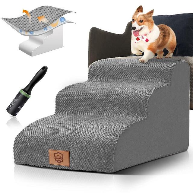 Pet Stairs,Non-Slip Dog Steps 3 Tiers,15.7" High Density Foam Dog Ramps/Ladder,Extra Wide Deep Pet Steps for High Beds Couch,Idea for Older Dogs,Cats,Pet with Joint Pain-Send 1 Pet Hair Remover Roller