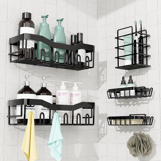 Global Digitronix Adhesive Shower Caddy 5-Pack Set – Rustproof Stainless Steel Bathroom Organizer Shelves with Hooks – No-Drill Shower Storage for Bathroom, Kitchen, Dorm, Apartment, Home Essentials