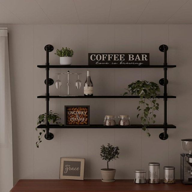 HDDFER Industrial Pipe Shelving Rustic Black Wall Shelves with Wood Planks Industrial Floating Shelves 48 Inch 3 Tier Farmhouse Bookshelf Pipe Shelves Wall Mounted,Open Shelving For living room/office