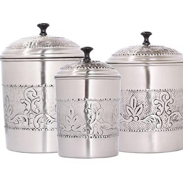 Old Dutch 3- Piece Antique Embossed "Victoria" Canister Set, 5.5 Qt, 4Qt, 3Q