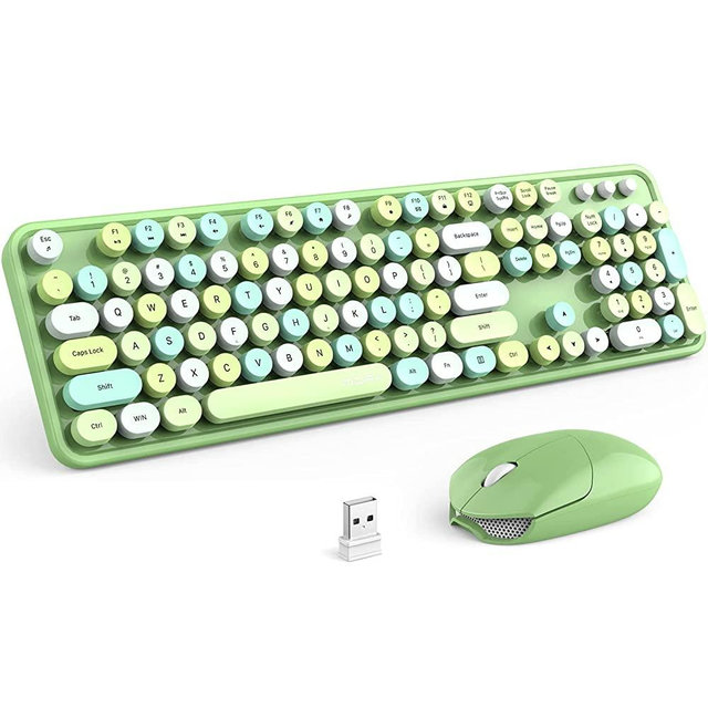 MOFII Wireless Keyboard and Mouse Combo, 2.4GHz Wireless Retro Full Size Typewriter Keyboard with Number Pad & Wireless Mouse for Laptop, PC, Desktop, Mac, Windows - Green Colorful