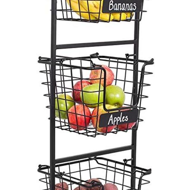 BIRDROCK HOME 3-Tier Wire Market Basket Stand with Chalk Label - Fruit Vegetable Produce Metal Hanging Storage Bin for Kitchen - Free-Standing or Stacking Organizer - Black