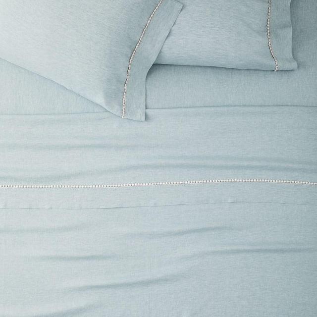 European Flax Linen Pom Pom Sheet Set, Queen, Silver Mist Melange
