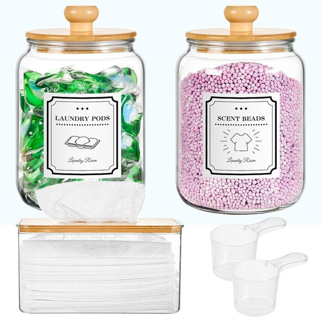 SUBEKYU Laundry Pod Containers and Dryer Sheet Holder with Lids Laundry Detergent Sheets Dispenser Laundry Room Organization Storage Box for Powder,Scent Booster Beads,Dryer Balls,Bath Salt
