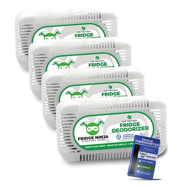 Fridge Ninja Fridge Deodorizer (4 Pack) - More Effective Than Baking Soda - Natural and Unscented Activated Charcoal Refrigerator Deodorizer and Odor Eliminator for Freezers, Coolers, and Lunch Boxes