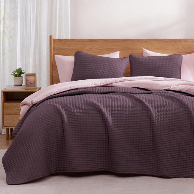 WRENSONGE Queen Quilt-3 Pieces Lightweight Bedspreads Italian Plum Queen Size Quilt Bedding Set for All Seasons, Soft Summer Coverlet with 2 Pillow Shams Suitable for Bed, Couch