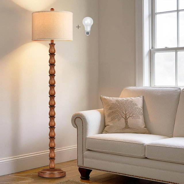 63.5" Rustic Floor Lamp for Living Room, Farmhouse Floor Lamp with Rotary Switch & Linen Shade, Vintage Resin Tall Standing Lamp for Bedroom Corner Office Home Decor, Light Walnut (LED Bulb Included)