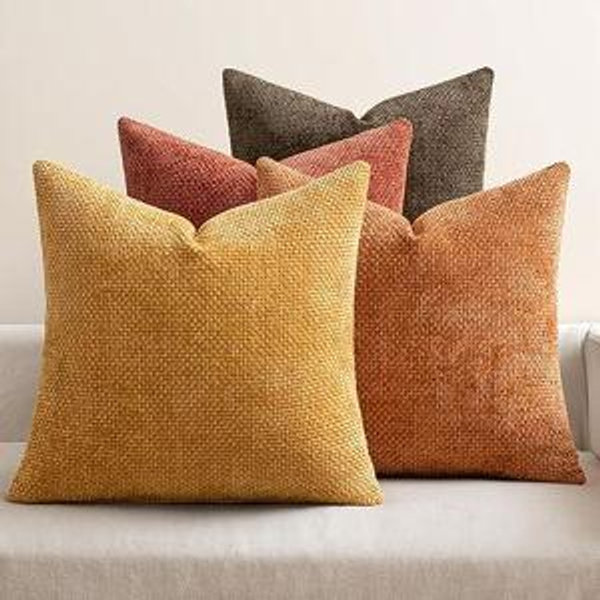 MIULEE Pack of 4 Fall Orange/Yellow Couch Throw Pillow Covers 18x18 Inch Halloween Soft Decorative Chenille Pillows Farmhouse Accent Cushions for Boho Home Decor Spring Sofa Bedroom Living Room