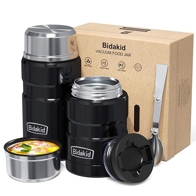 Bidakid Thermoses for Hot Food 2 Pack Stainless Steel Thermoses Containers with Lid Vacuum and Folding Spoon Insulated Lunch Jar for Hot Cold Food Soup for Kids and Adults (25.4oz+17oz)…