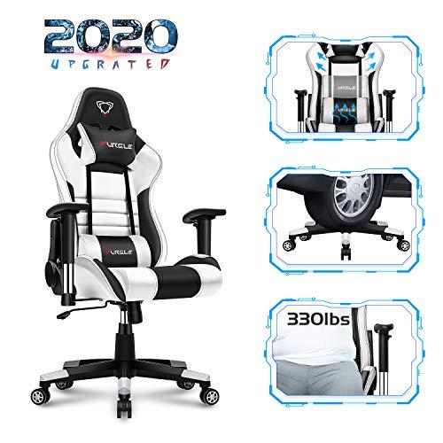 Furgle Gaming Chair Racing Style High-Back Office Chair with 3D Adjustable Armrests PU Leather Executive Ergonomic Swivel Video Game Chairs with Headrest and Lumbar Support (White & Black)