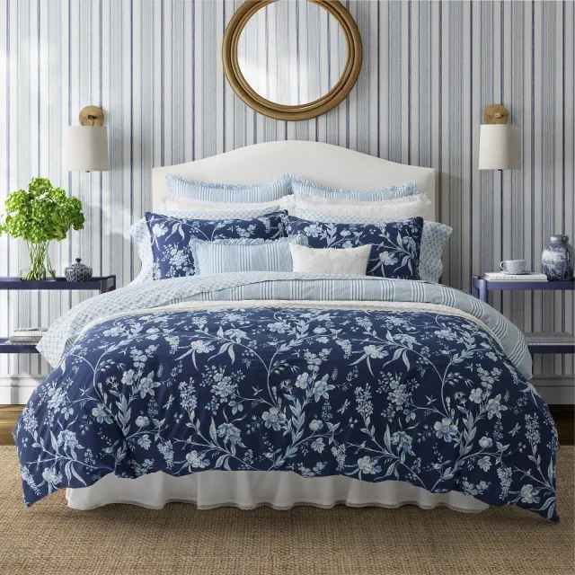 Laura Ashley 7pc Full/Queen Branch Toile Comforter Sham Bonus Set Blue: Includes Euro Shams, Machine Washable
