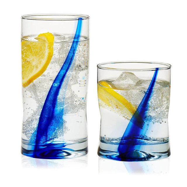 Libbey Blue Ribbon Tumbler and Rocks Glass Set, 8 Piece Blue Streak Drinkware Glasses Set, Clear Dishwasher Safe Rock and Tumbler Glasses Set