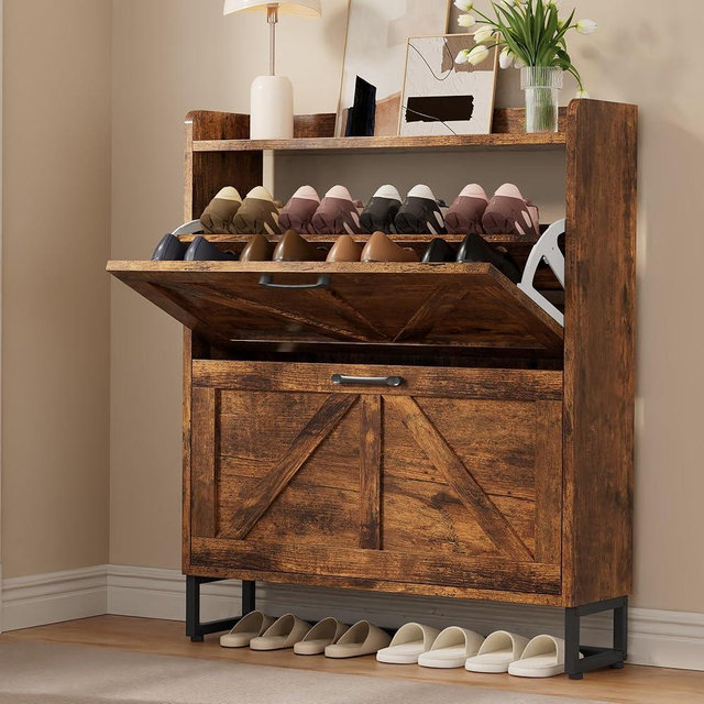 Shoe Storage Cabinet with 2 Flip Drawers, Freestanding Hidden Shoe Cabinet with Metal Legs & Black Metal Handle for Entryway, Farmhouse Slim Shoe Rack Organizers, Rustic