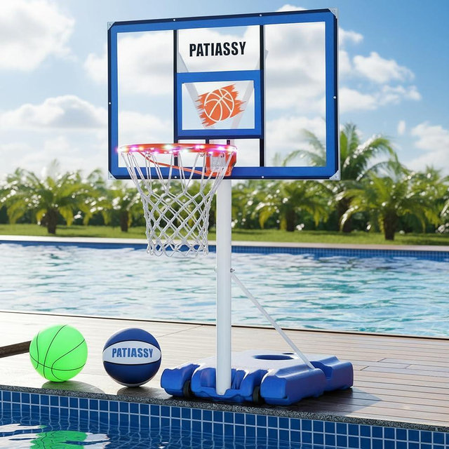 Patiassy Pool Basketball Hoop with 43" Extra Wide Backboard, LED Light up Poolside Basketball Hoop with 1 Standard & 1 Glow-in-the-Dark Ball, Adjustable Height Portable Goal with Wheels, Fillable Base