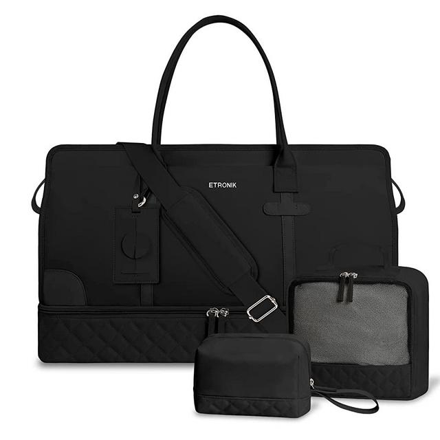 ETRONIK Weekender Overnight Bag for Women, Large Travel Duffle Bag with Shoe Compartment & Wet Pocket, Carry On Tote Bag Gym Duffel Bag with Toiletry Bag, Mommy Bag for Hospital 4 Pcs Set, Black