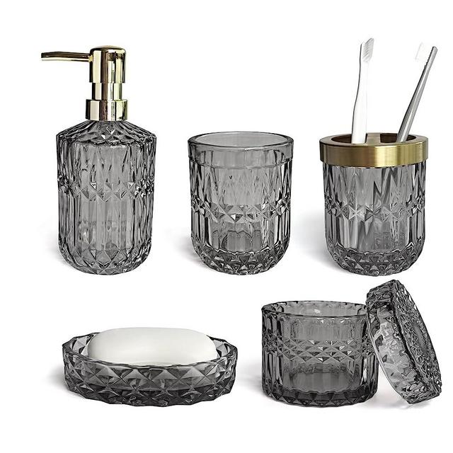 LaMarriti 5Pcs Glass Bathroom Accessory Complete Set, Lotion Dispenser, Soap Dish, Toothbrush Holder, Tumbler, Cotton Swab Jars, Vintage New Apartment Essentials and Gift Set, Grey Black