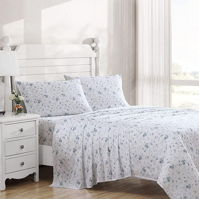 Laura Ashley Home - Sateen Collection - Sheet Set - 100% Cotton, Silky Smooth & Luminous Sheen, Wrinkle-Resistant Bedding, Queen, Garden Muse Blue