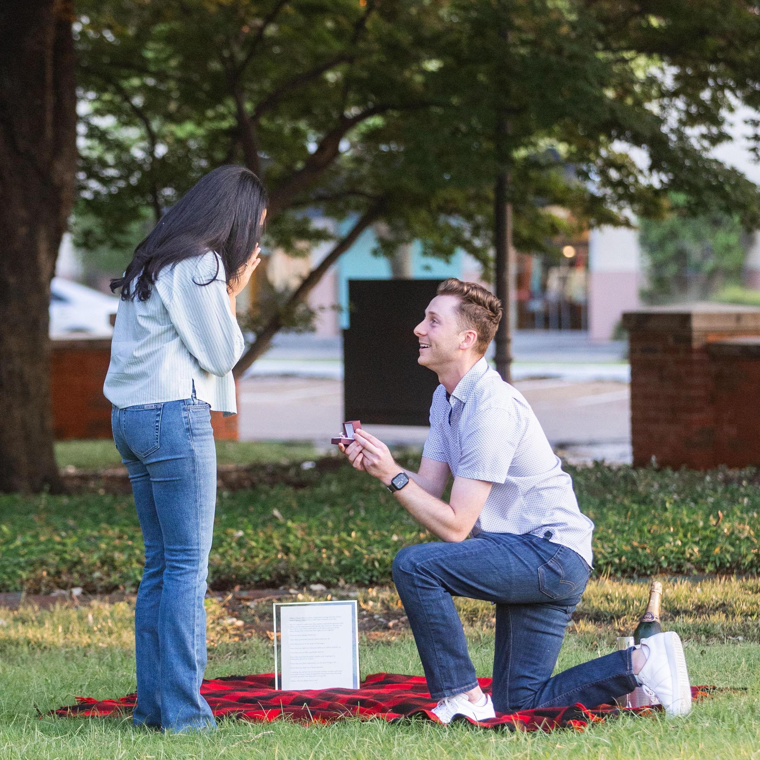 06.01.25 - The Proposal!

Long awaited after 5 years together! Ben proposed in front of tree where we have been taking photos together for New Year's since our first anniversary! It was perfect!
