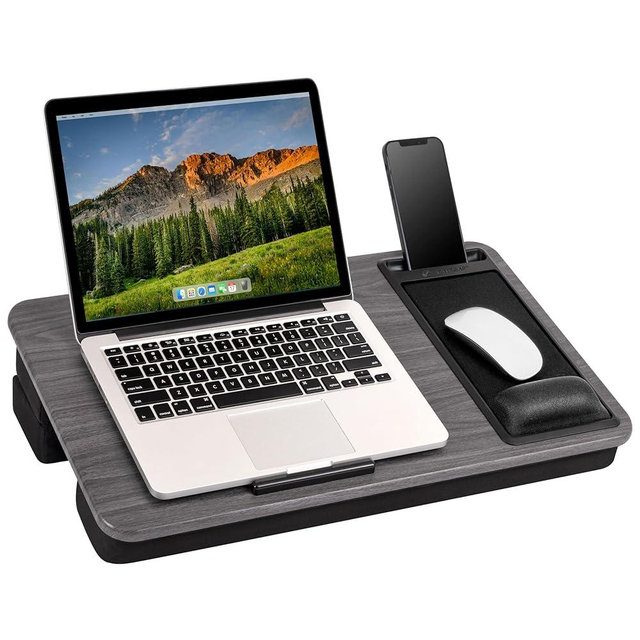 LAPGEAR Extra Large Adjustable Lap Desk – Fits Laptops up to 17.3”, Adjustable Cushion, Memory Foam Wrist Rest, Mouse Pad, Device Ledge, & Phone Slot – Gray Woodgrain - Style No. 88105