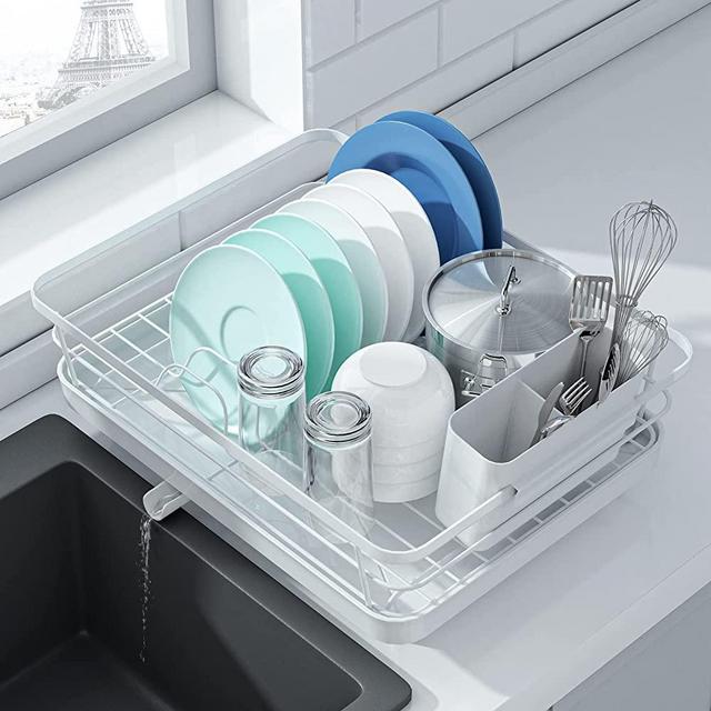 Kitsure Dish Drying Rack- Space-Saving Dish Rack, Dish Racks for Kitchen Counter, Durable Stainless Steel Kitchen Drying Rack with a Cutlery Holder, White