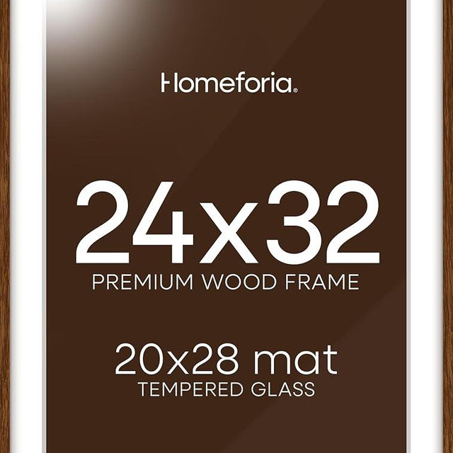 Homeforia Brown Picture Frame 24x32, High End Dark Oak 24x32 Large Wooden Poster Frame with Mat 20x28, 24 x 32 Walnut Wood Frame Matted to 20 x 28, 32x24 Thin Frame, Tempered Glass, Wall Kit, Set of 1