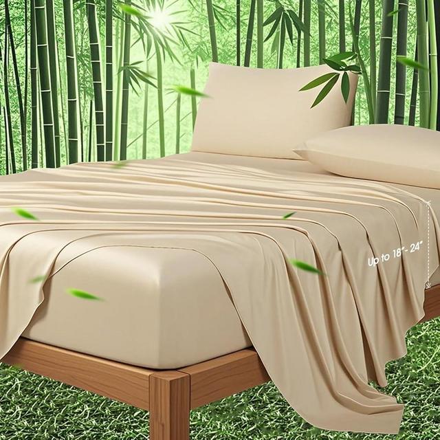 Ivellow 100% Viscose from Bamboo Sheets King Size, 18-24 Inch Extra Deep Pocket Beige Bed Sheets 4Pcs, Luxury Bamboo Viscose Cooling Sheets for King Size Bed, Silky Soft, Smooth, Breathable