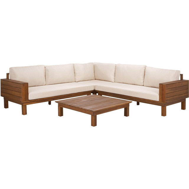 Napol 4 PC Acacia Patio Seating Set W/ Cushions - Indoor/Outdoor - PAT6806 - Teak Brown/Cream - Safavieh