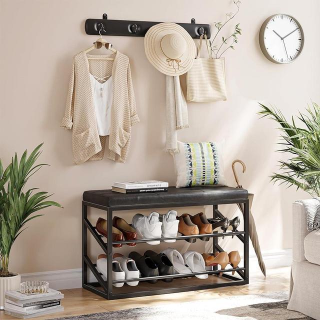 Entryway Bench with Storage, Shoe Rack Bench with Shoe Storage Bench for Entryway, 2 in 1 Mud Room Organization and Storage Bench with Storage and Seating,Faux Leather Hall Tree with 4 Hooks Black 32"