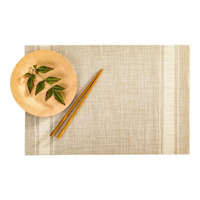 French Countryside Khaki Vinyl Woven Placemat - with Eggshell Stripe - 16" x 12" - 6 count box - Restaurantware