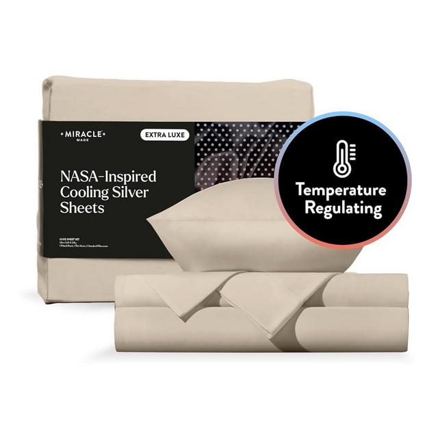 Miracle Made® Newly Improved Extra Luxe COOL IT™ True Grip ® Fitted Bed Sheets –Sand,King– 4 Piece Silver Infused, 300-Thread-Count Eucalyptus Fabric
