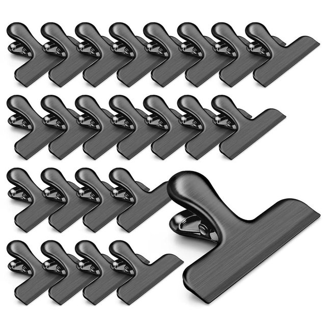 VNDUEEY 24 Pack Stainless Steel Chip Bag Clips, Chip Clips for Food Bags, Heavy Duty Clips for Kitchen and Office to Seal Coffee Bags, Paper Sheets, Air Tight Seal-3 Inches, Black