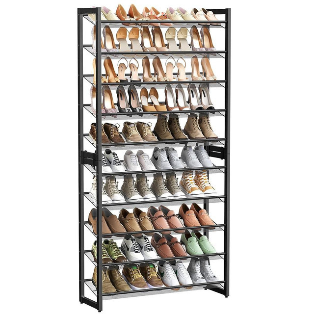 SONGMICS Shoe Rack, 10-Tier Shoe Organizer, Metal Rack for Garage, Set of 2, 5-Tier Stackable Shelf, with Adjustable Flat or Angled Shelves, 40-50 Pairs, Ink Black ULMR010B01