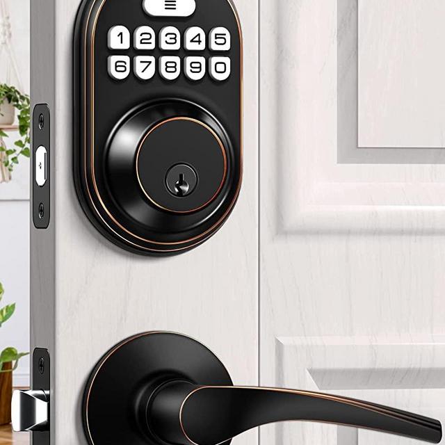 Keyless Entry Door Lock with 2 Lever Handles - Veise Electronic Keypad Deadbolt, Auto Lock, Back Lit & Easy Installation Design, Front Door Handle Sets, Oil Rubbed Bronze