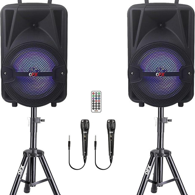 QFX PBX-800TWS 8-Inch TWS Bluetooth Stereo PA System with 2 8" Speakers, 2 Microphones, 2 Stands, and a Remote Control