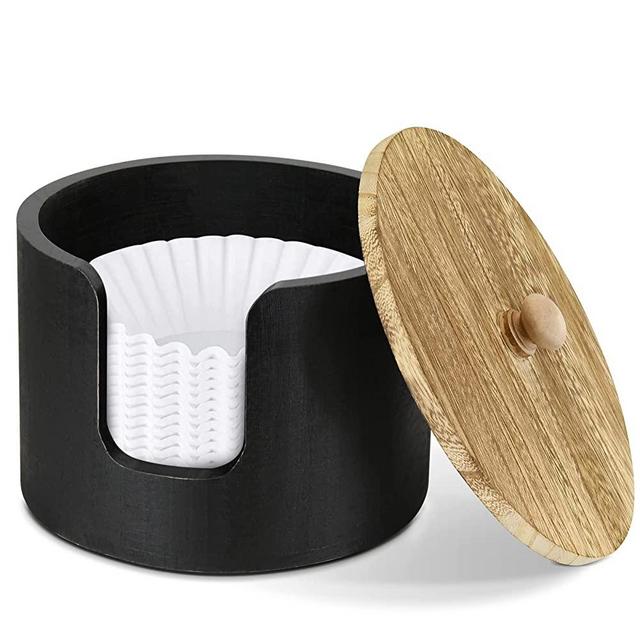 Coffee Filter Holder, Coffee Filter Storage Container, Countertop Coffee Filter Case with Lid, Coffee Filter Basket for Coffee Station Organizer Solo Cups Dispenser, Farmhouse Wood Coffee Pod Holder