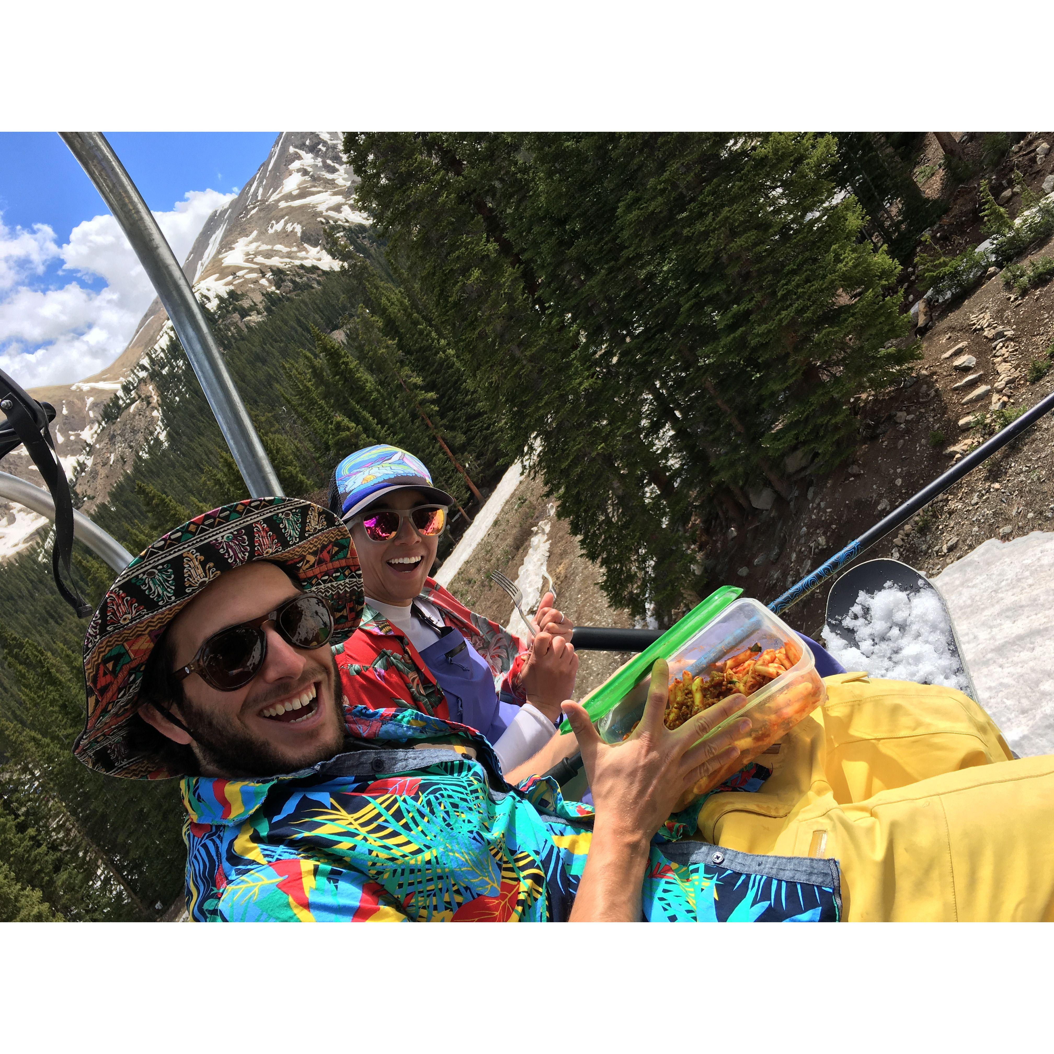Spring Skiing and Pasta on the Chair Lift at A Bay Bay