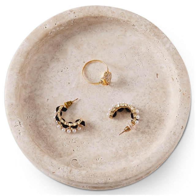 SPESHSTONES Marble Jewelry Dish 5 Inch Handmade Travertine Jewelry Tray & Ring Holder – Candle & Trinket Dish, Key Tray, Nightstand & Dresser Decor - Vintage Birthday Gifts for Women
