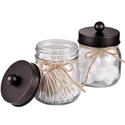 Amolliar Mason Jar Bathroom Vanity Organizer - Rustic Farmhouse Decor Bronze Bathroom Accessories - Qtip Dispenser Holder Canister Glass for Q-Tips,Cotton Swabs,Rounds,Ball,Flossers/Bronze,2-Pack