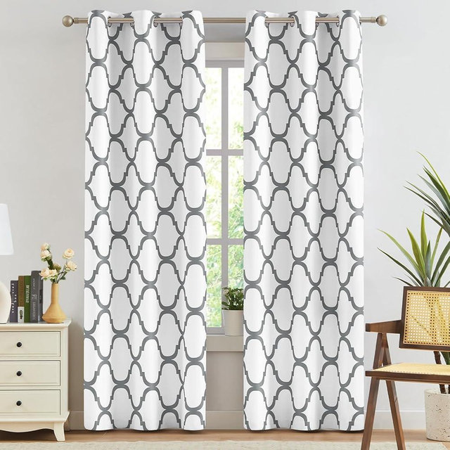 Melodieux Moroccan Printed Room Darkening Blackout Grommet Curtains for Bedroom Living Room, 42 by 72 Inch, Off White/Grey (2 Panels)
