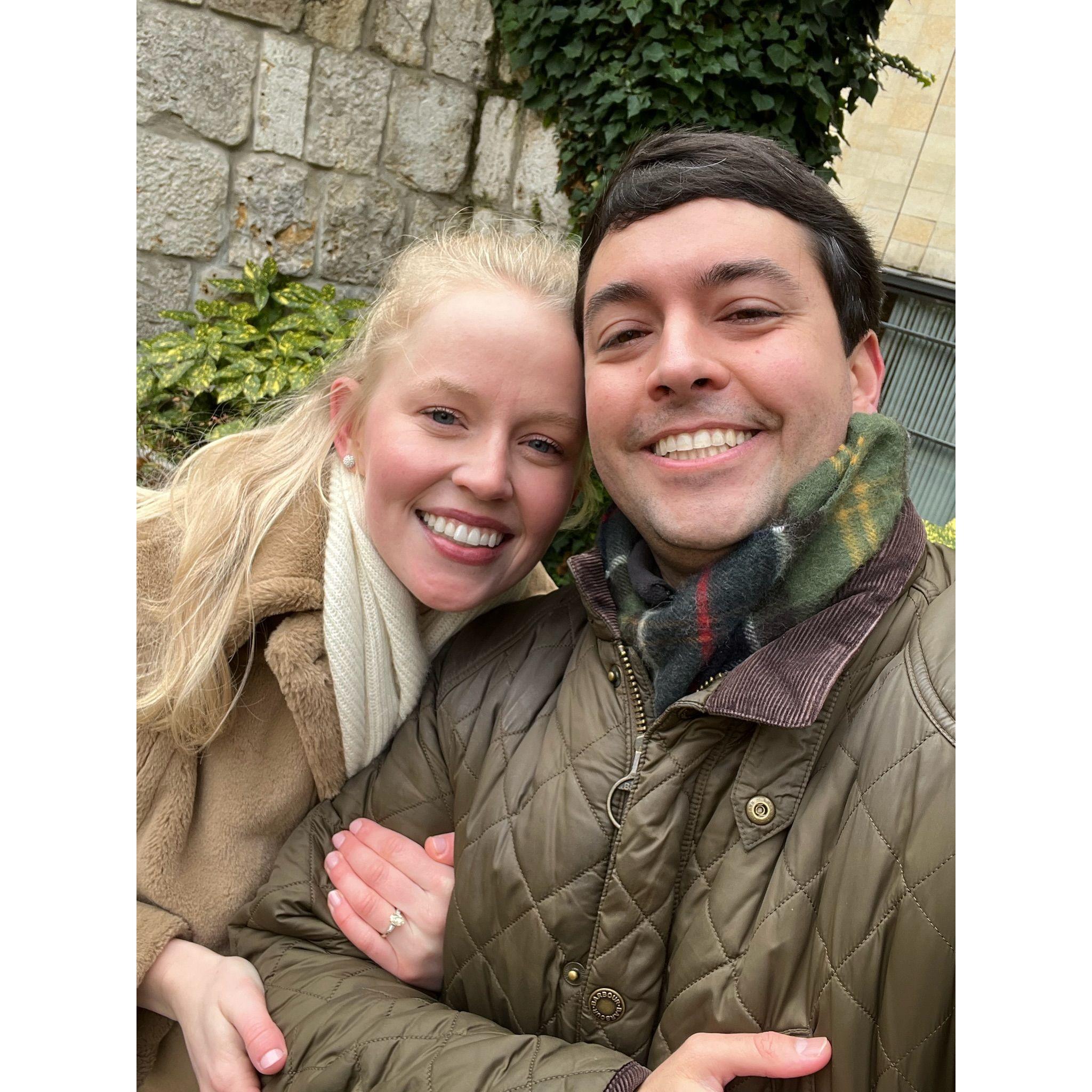 Celebrating our engagement at the Romantic Gardens in Valladolid