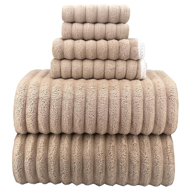 YTYC 39x78 Inches Oversized Bath Sheets Towels Set Large Shower Towels for Bathroom Luxry Plush Super Soft Absorbent Stripe Hanging Loop Microfiber 80% Polyester (Beige, 6PCS)