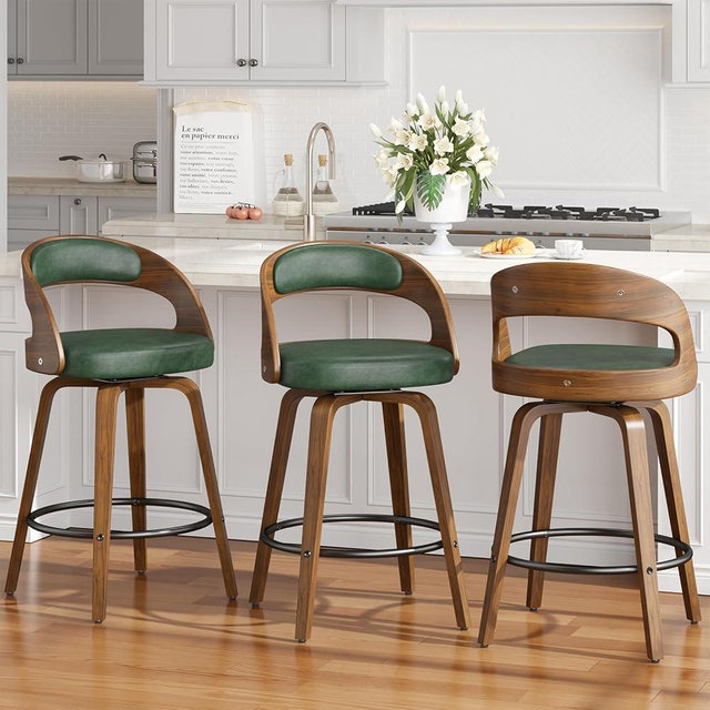 REONEY Swivel Bar Stools Set of 3, 26" Counter Height Bentwood Barstool, Mid-Century Modern PU Leather Upholstered Bar Chair with Back and Footrest, for Kitchen Island, Bar, Cafe, Dining Room, Green