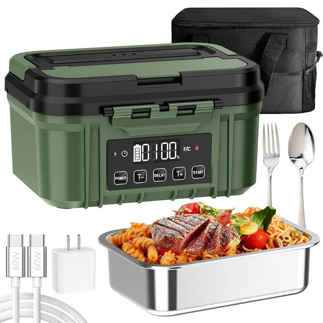 FERVINOW Cordless Electric Lunch Box for Adults – Battery-Powered Heated Lunch Box with 1.2L Stainless Steel Container, Timer Function, and Leak-Proof Food Warmer for Work, Travel & Office