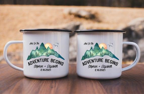 Personalized Wedding Camping Mug, Adventure Mountains Mr Mrs Couples Campfire Mugs, Engagement Wedding Gift For Bride and Groom Fiance
