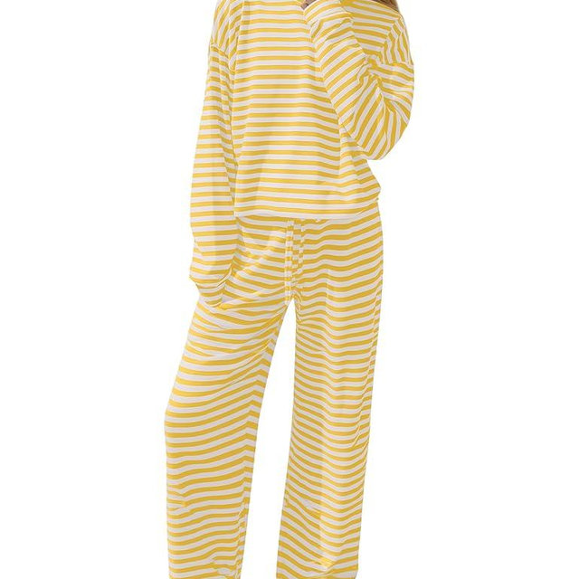 Ythomm Striped Pajamas Womens 2 Piece Sets Long Sleeve Tee Shirts Drawstring Wide Leg Pants Matching Sets Fall Lounge Outfits