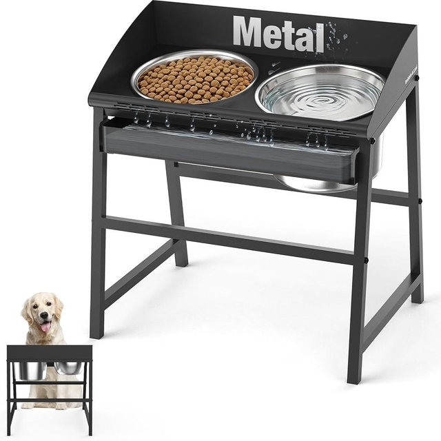 Spill Proof Tilted Elevated Dog Bowls for Large Breed, 15“ Tall Raised Dog Bowl with Stand, Stainless Steel Dog Food Bowl & Water Bowl Set for Indoor & Outdoor Use, Easy Clean Large Dog Bowl Dog Dish