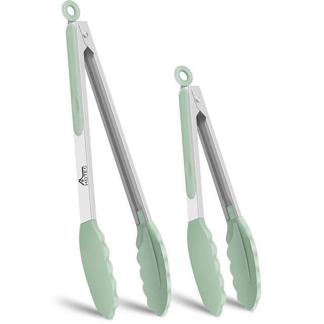 HOTEC Premium 7 & 9 Inch Kitchen Tongs, Stainless Steel Locking Cooking Tongs with Silicone Tips, Non-Scratch & Heat Resistant, Serving Tongs for Salad, BBQ, Light Green, Set of 2