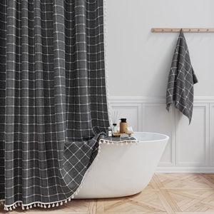 BTTN Extra Long Shower Curtain - 72x84 Inch Long Boho Chic Tassel Linen Fabric Shower Curtain Set with Hooks, Tall Modern Farmhouse Heavy Duty Cloth Shower Curtains for Bathroom - Charcoal Grey/Gray
