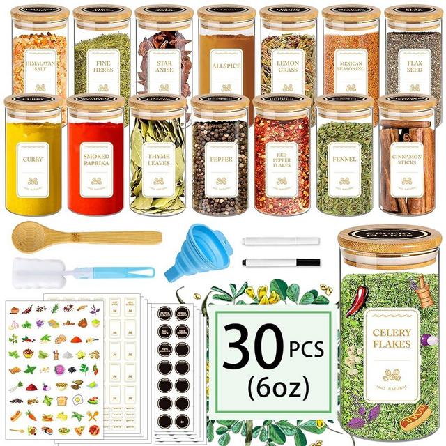 BGraceyy Spice Jars with Labels, 30 Pcs 6 oz Glass Spice Jars with Bamboo Lids, Minimalist Stackable Airtight Spice Containers with 426 labels for Kitchen Seasoning, Tea, Herbs, Coffee, Sugar, Shells