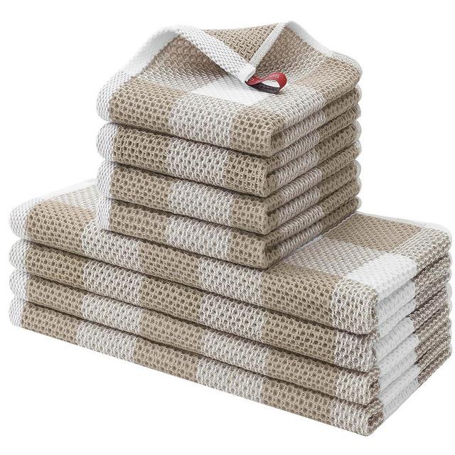 homing Buffalo Plaid Kitchen Towels and Dishcloths Set, 12" x 12" and 13" x 28", Set of 8 Bulk Cotton Waffle Weave Dish Towels, Super Soft Absorbent Hand Towels for Kitchen, Large Khaki & White Check
